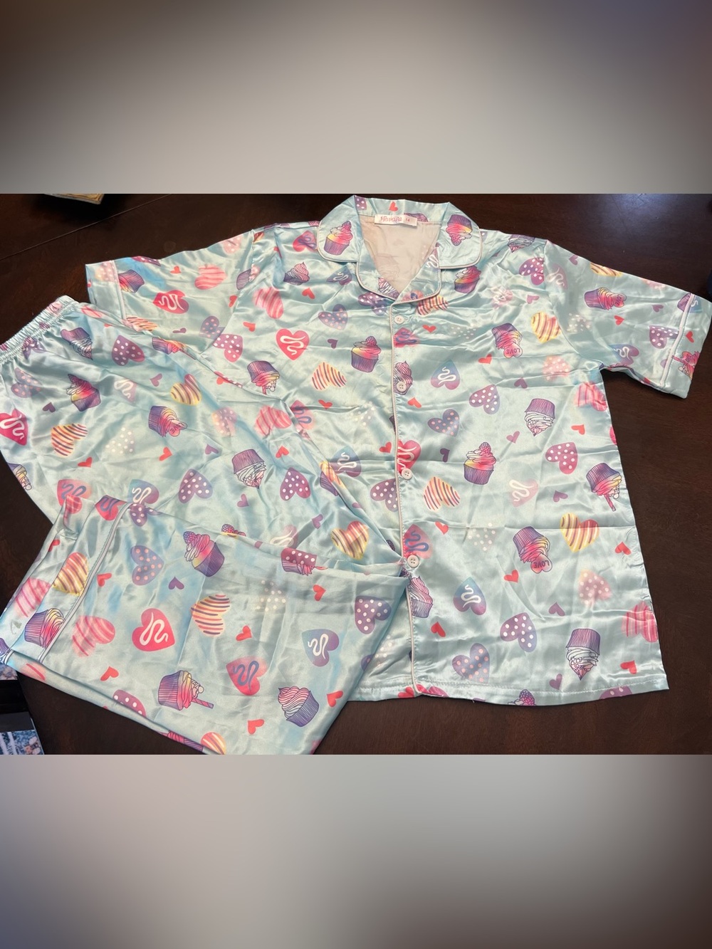 Girls Light Blue Cupcake & Heart Satin Pajama Set